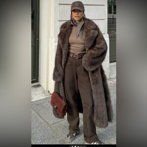 Zara extra long faux fur mink coat Brown Sz m/l sold out